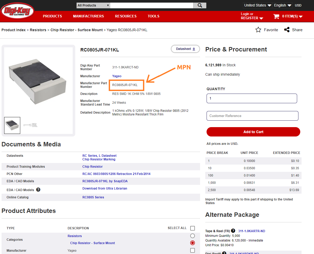 Finding MPN on Digikey