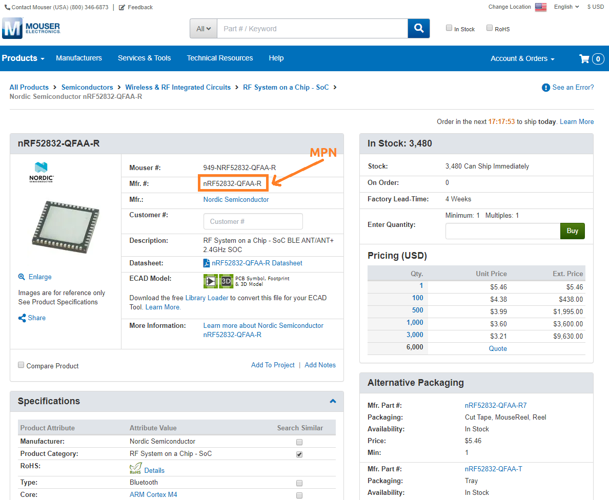 Finding MPN on Mouser